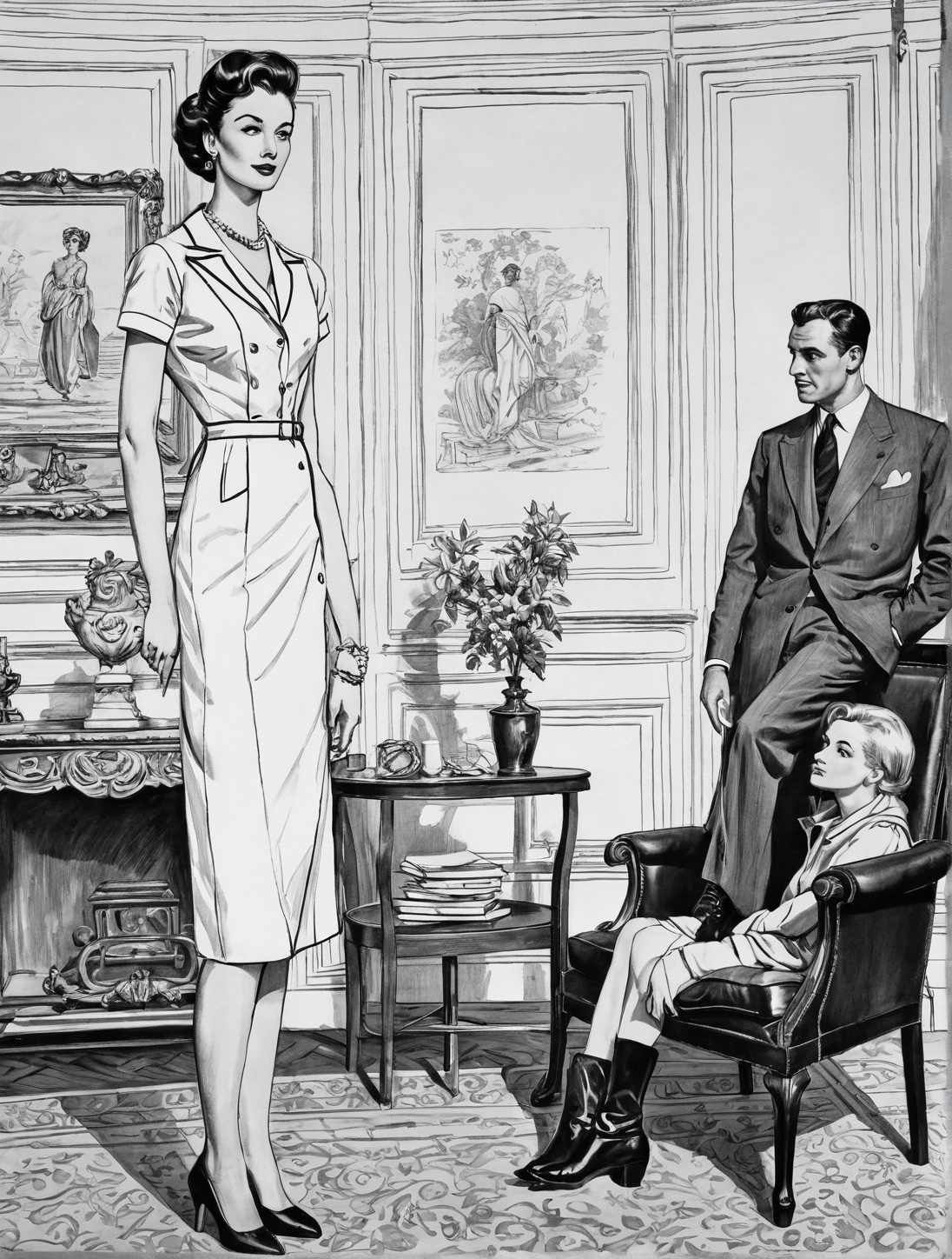 The drawing room. A seated woman in laced boots holds the centre while the second figure is cropped to a shoulder at the lower edge.