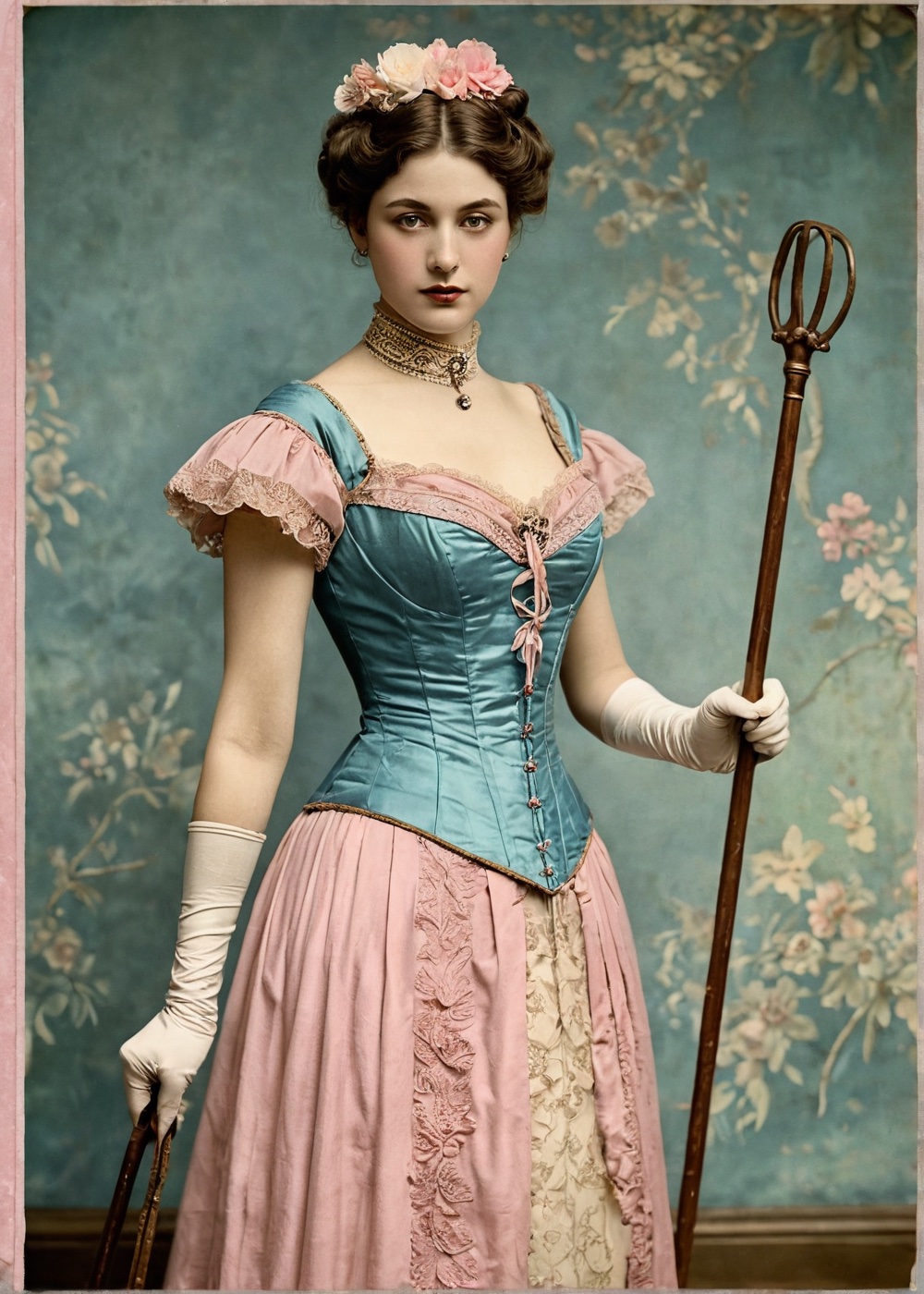 The postcard. A woman in a riding habit stands at the centre of a small vertical format, with hand colour on the lips, the gloves and the boots and nothing else.
